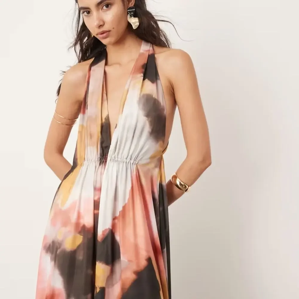 NEW Edition Asos Watercolor Print Satin Halter Maxi‎ Dress 4 Pink Black Tan NWT